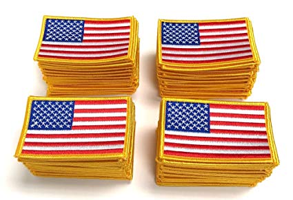 PACK of 100 American Flag Patches, US Embroidered Iron or Sew On Flag Patch Emblem With Gold Border