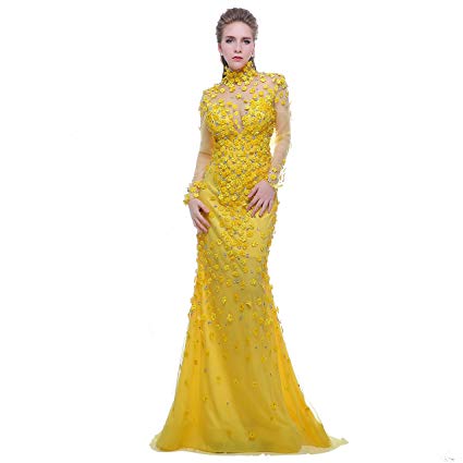Dulamy&Finove High Collar Three-dimensional Flowers Diamond Transparent Long Sleeve Formal Prom Dresses (10, Yellow)