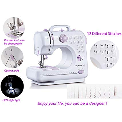 Sewing Machine, Mini Portable Sew 2-Speed Sewing Machine with 12 Stitches + Light + 4 Bobbins Needle & Threader + Foot Pedal 505 (Purple)