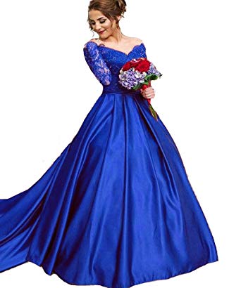 LastBridal Women Satin Off The Shoulder Ball Gown Long Sleeves Sequined Prom Dresses Evening Gowns Long LB0077
