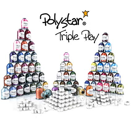 Polystar Triple Play Embroidery Thread Package w/ 42 Country Color 1,100 Yard Embroidery Threads, 23 Nick Color 1,100 Yard Embroidery Threads and FREE!!! 144 Prewound Bobbins Style SA156 / 15J