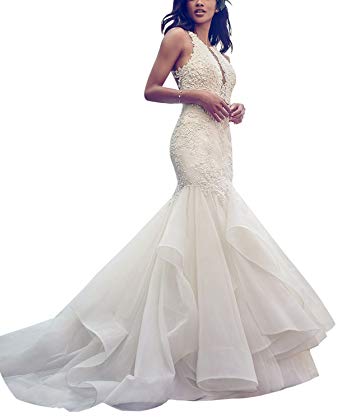 Applique Strapless Wedding Dress V Neck Organza Mermaid Backless Bridal Gown for Bride 2018