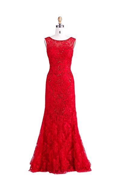 Dulamy&Finove Women's Diamond Applique Lace Boat Neck Sleeveless Backless Floor-length Wedding Dressess (2, RED)