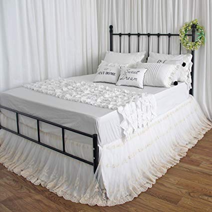 Queen's House Shabby White Ivory Lace Ruffle Embroidery Bridal Bed Skirts Split Corners Coverlet Bedspreads Dust Ruffle-full,16'' drop